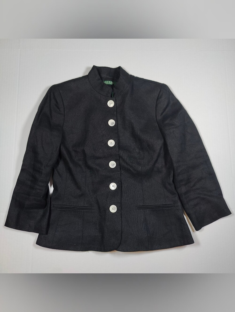 Vintage Lauren Ralph Lauren Black 100% Linen Jacket With White Buttons Size 10P